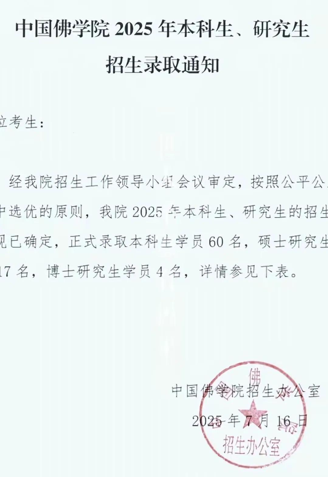 这是一所比较新奇的大学的录取公示，这个学校我还是第一次听说。那就是中国佛学院今年