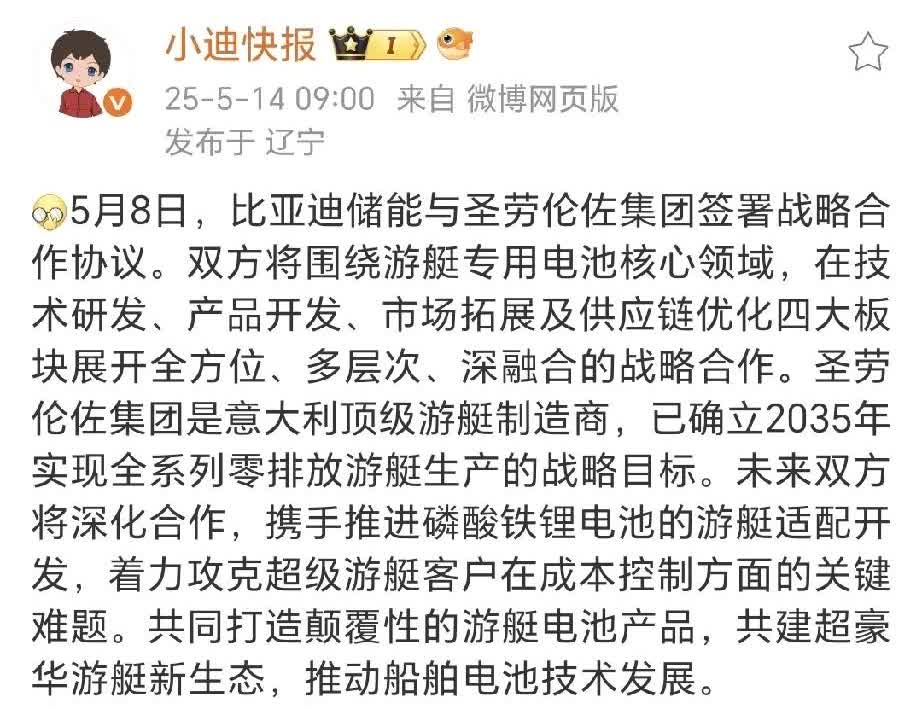 比亚迪要和圣劳伦佐联合开发零排放游艇了。
公交车游艇都选择磷酸铁锂，居然还有人