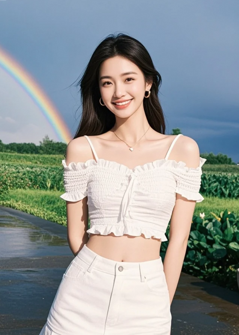 雨滴吻过花瓣，她站在虹桥尽头，笑靥比彩虹更摄人心魄。