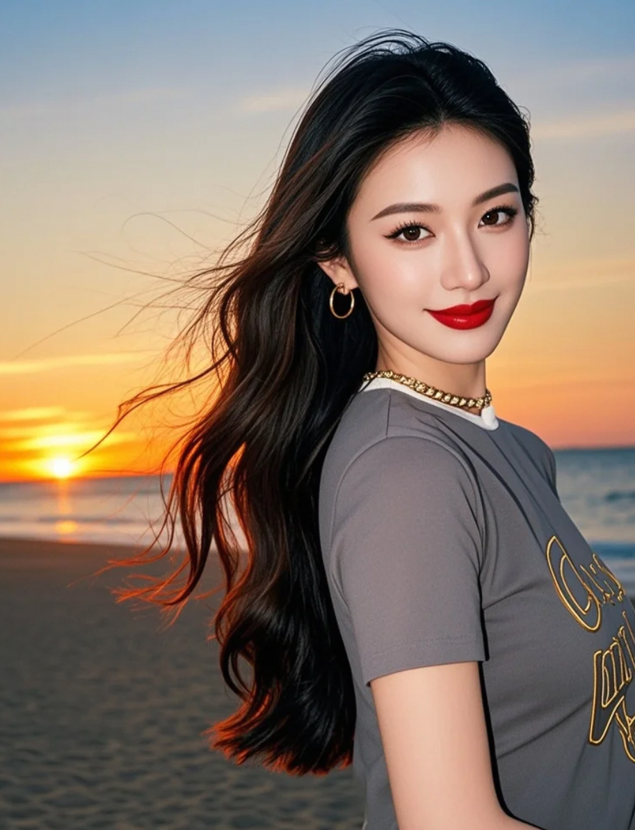  夕阳勾勒她的轮廓，长发在光影间熠熠生辉