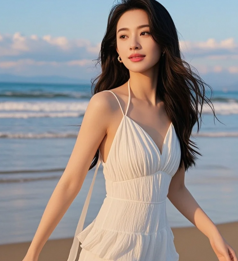 在世界的尽头，她身披长发与白裙，拥抱夕阳