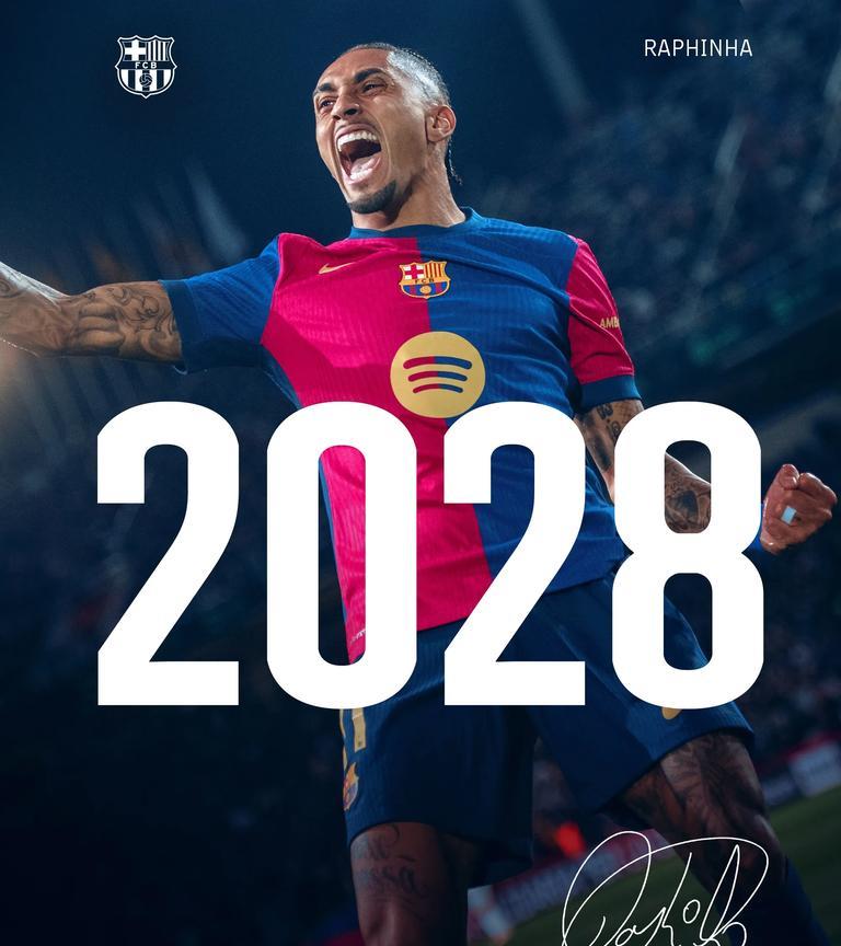 巴萨利好！
官方：巴萨与28岁拉菲尼亚续约至2028年！
拉菲尼亚本赛季各项赛事