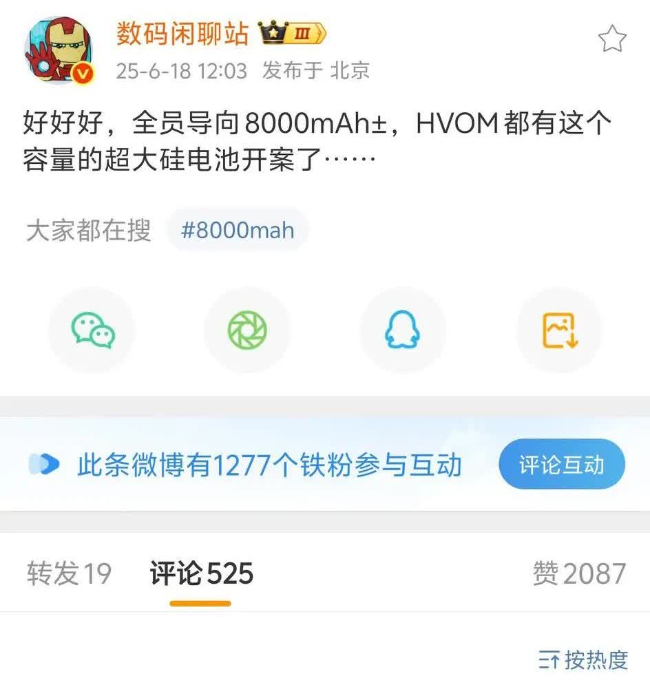 全员8000毫安电池[奸笑]迈向新电量，荣耀小米OV都会堆超级大电池，目前都是中