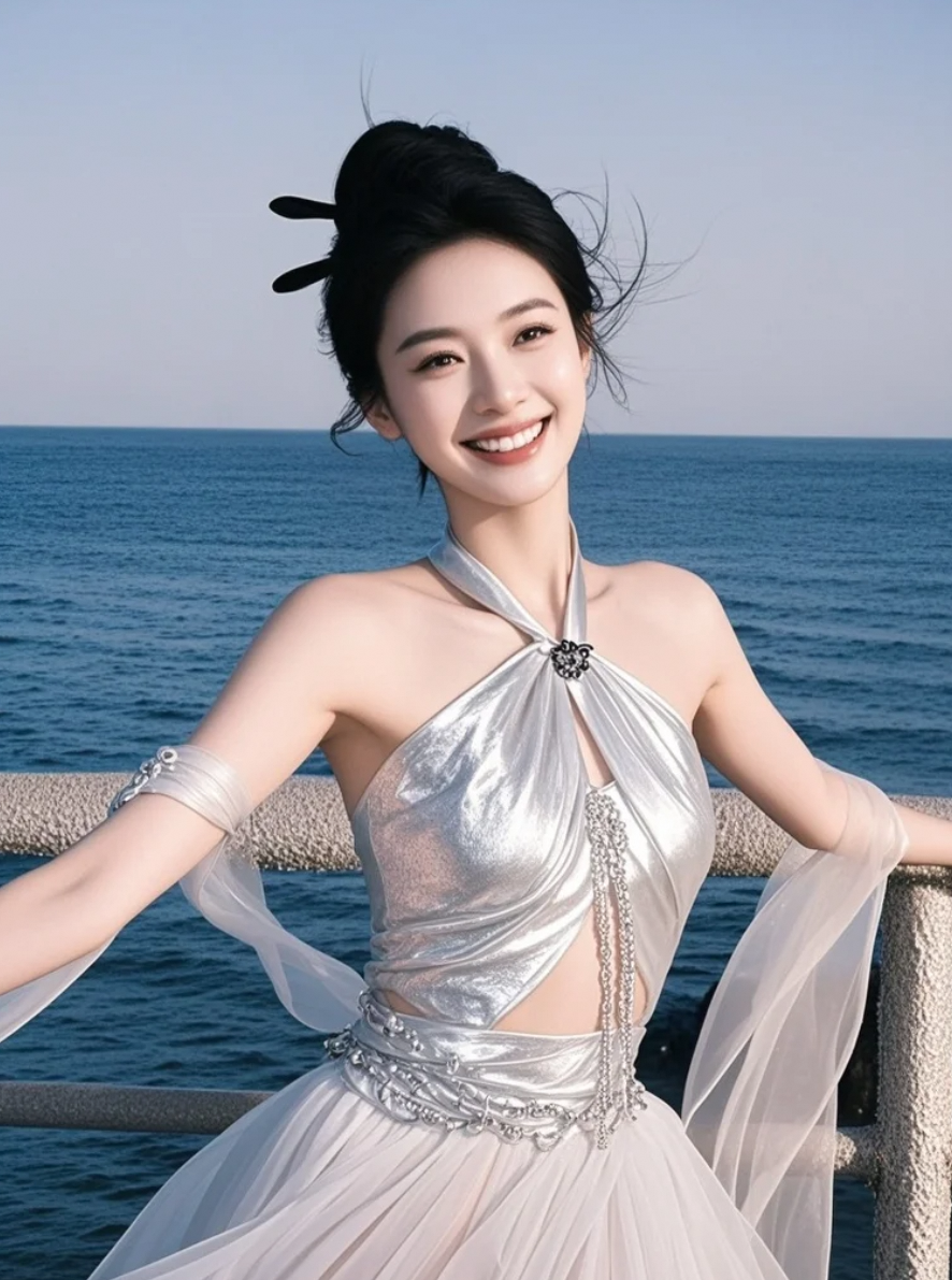 她靠在栏杆上，眼神比海更深