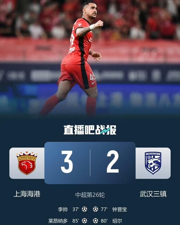 随着浙江3-3蓉城，海港3:2三镇，中超前5球队最新排名
1、上海海港——57分