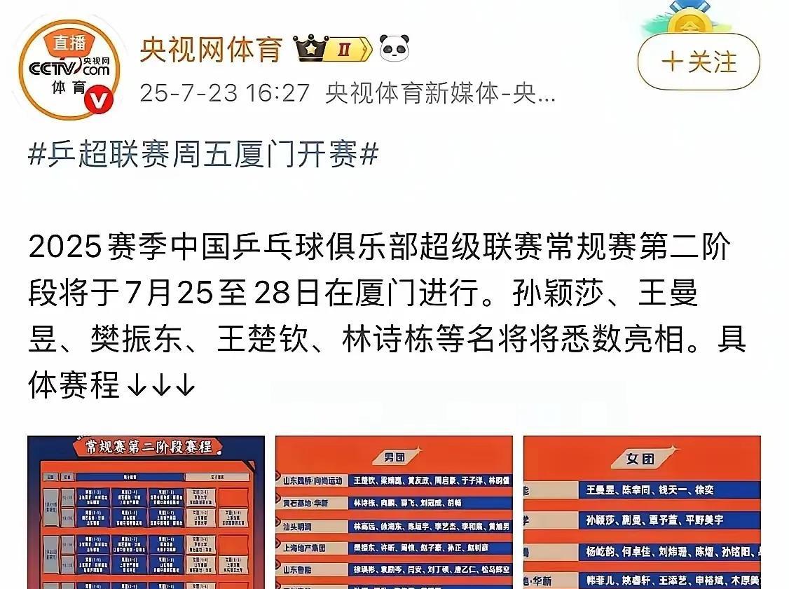 莎莎的球迷这下有福了！央妈证实莎莎确认参加乒超第二阶段比赛！
前两天公布的名单没