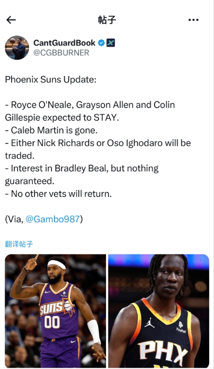 罗伊斯·奥尼尔、格雷森·艾伦和科林·吉尔斯皮预计会留队。
科迪·马丁离队。
尼克