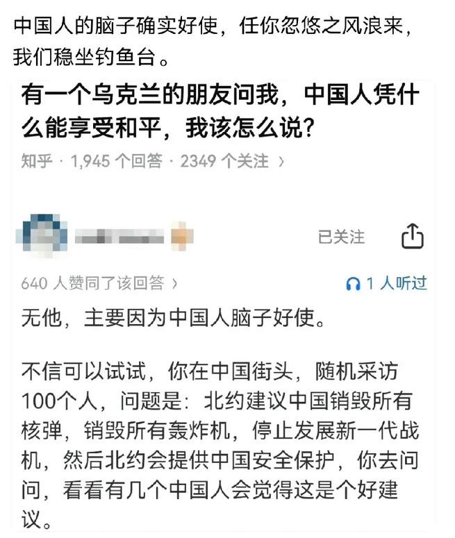 乌克兰朋友问中国网友，中国人凭什么能享受和平，中国网友是这样告诉它的，乌克兰的一