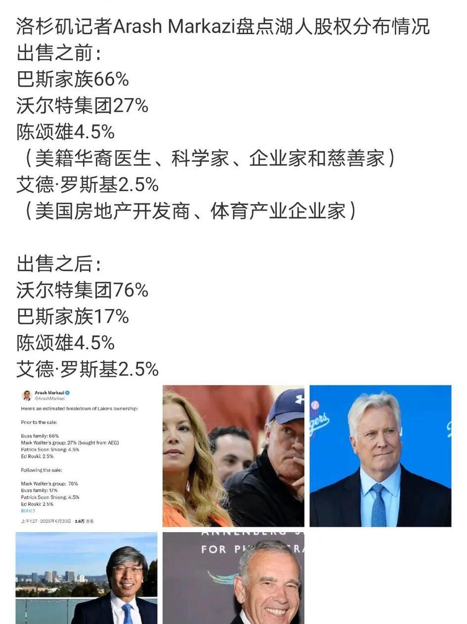 原来巴斯家族只出售了49%的股份，沃尔特是根据湖人现在的市值100亿美元来收购的