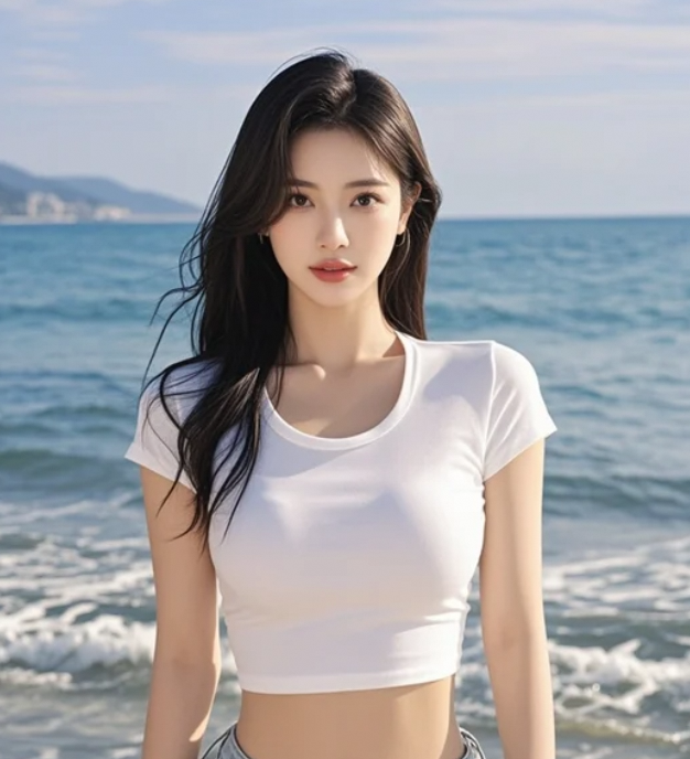 她站在海边，把时光定格成永恒。