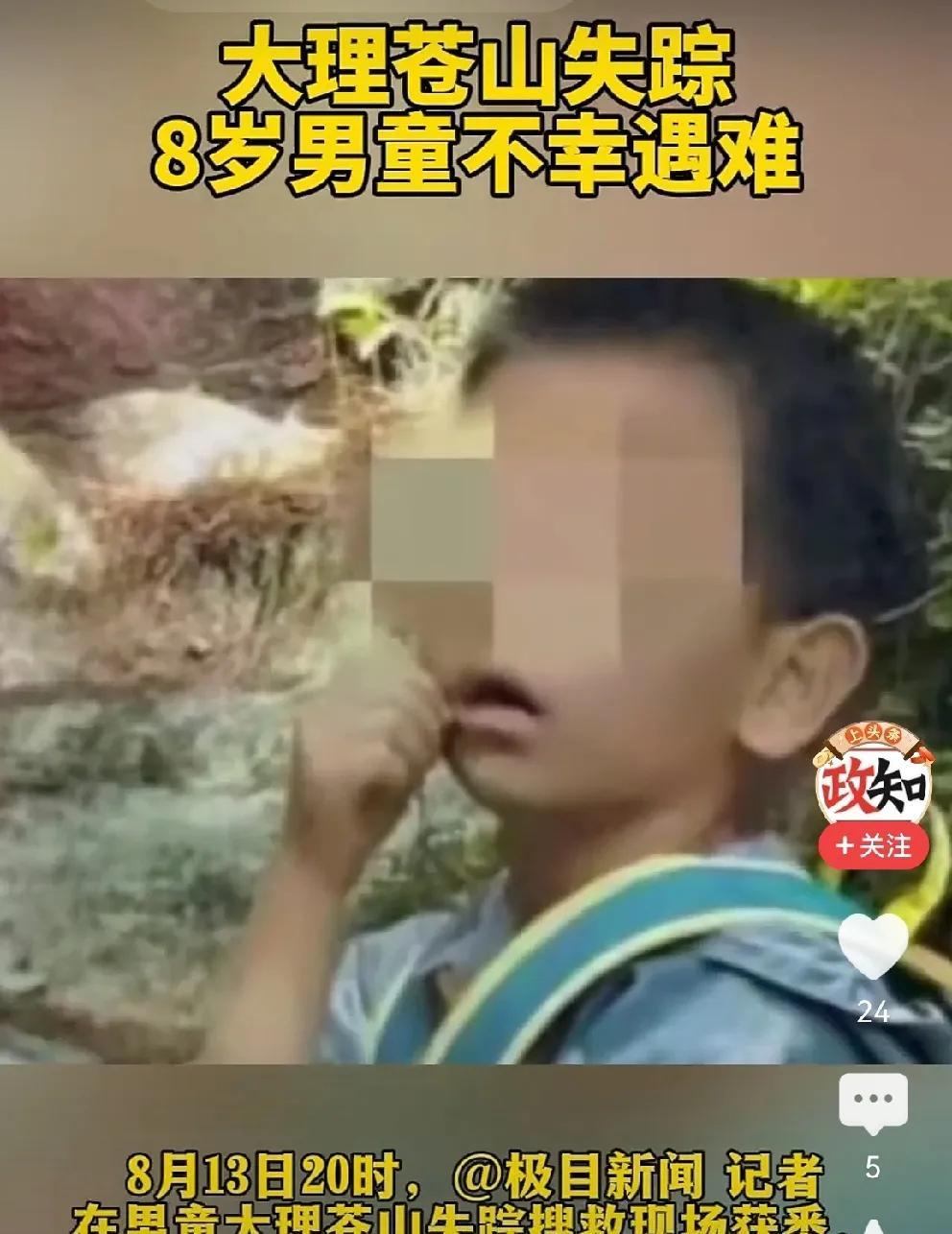 #大理苍山失踪8岁男童不幸遇难#
痛心！八岁失联男童已找到，不幸遇难[流泪]
昨
