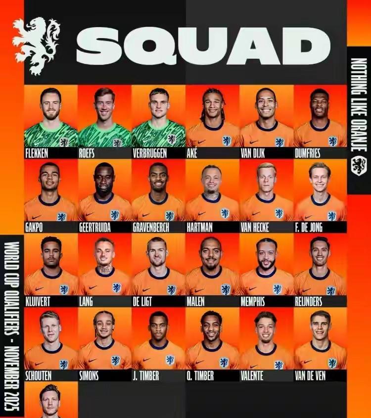 荷兰国家队发布11月份世预赛名单，德佩、加克波、范戴克、德容、赫拉芬贝赫、德里赫
