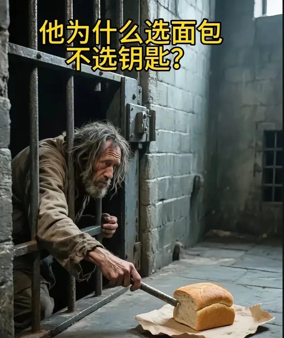 这是一位被关押的老人，眼前放着面包和钥匙：选择钥匙打开牢门，也许可以获得自由；选