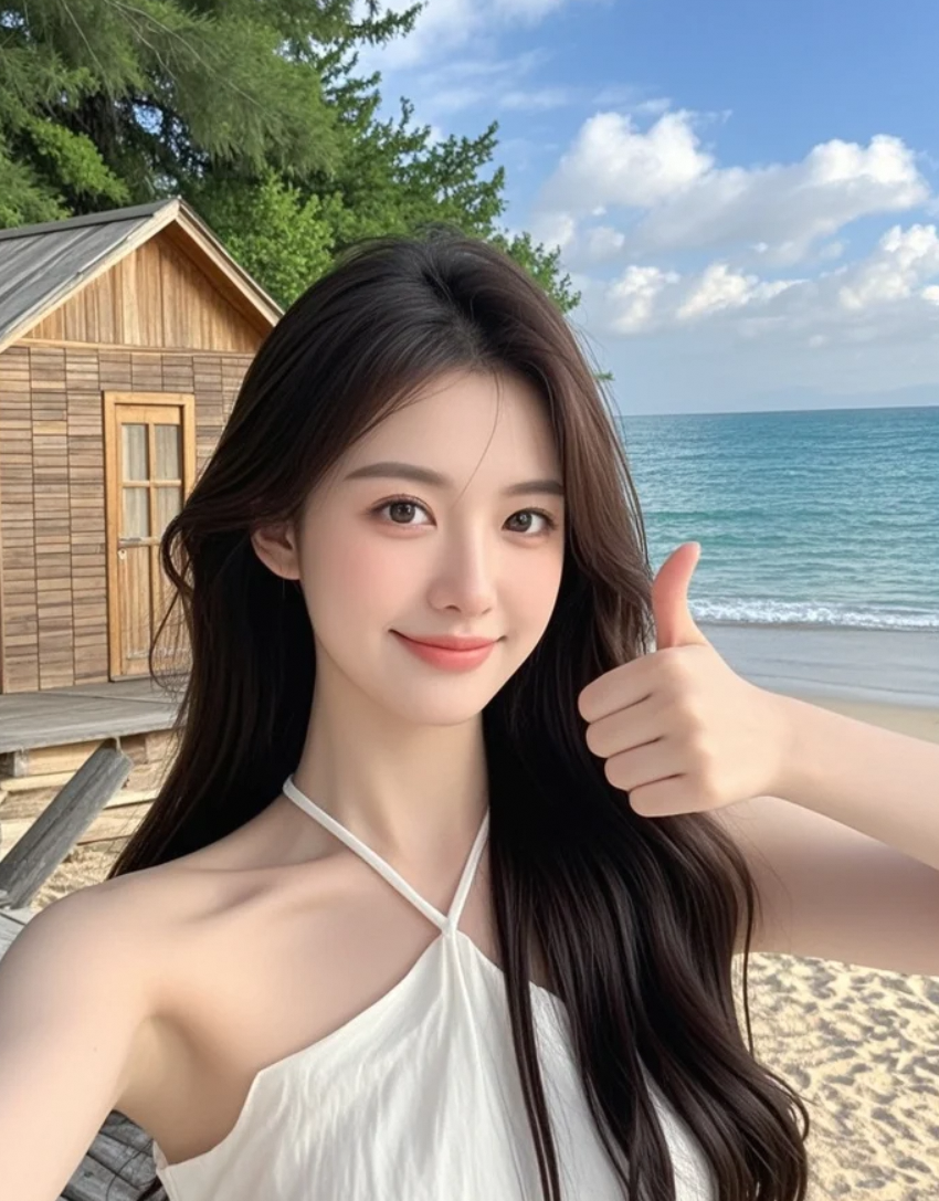 海边自拍大赛，我用淡妆和长发出战！