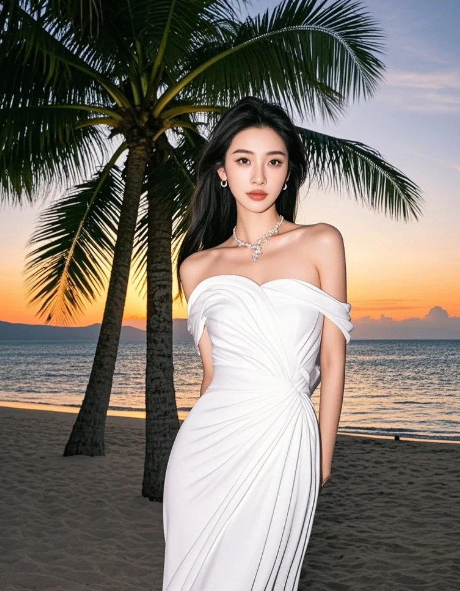 她与椰树，共享这被夕阳镀金的宁静