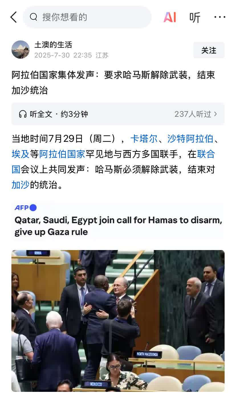 我想阿拉伯国家对哈马斯的了解，应该比其他国家更深吧。他们都在呼吁哈马斯放弃武装，