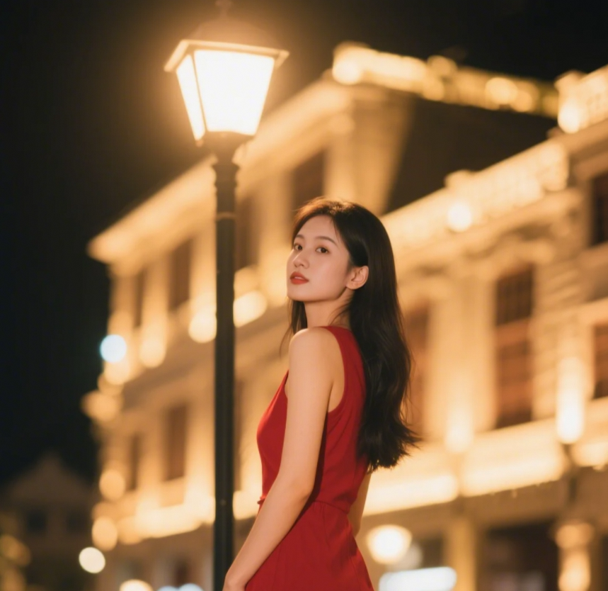 「当路灯遇见绝色美女，光影里藏满诗意」