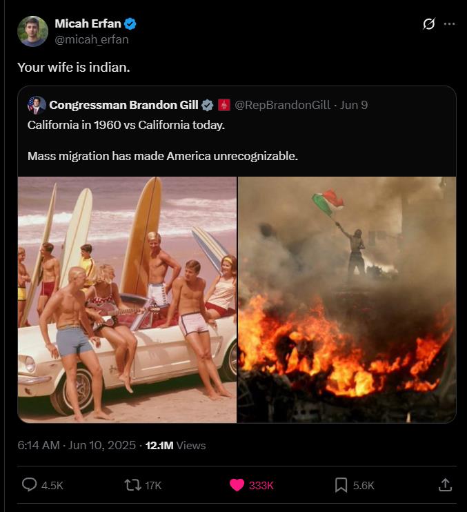 太逗了，美国一个国会议员发布了反移民的社交媒体文章，结果被一人绝杀：

国会议员