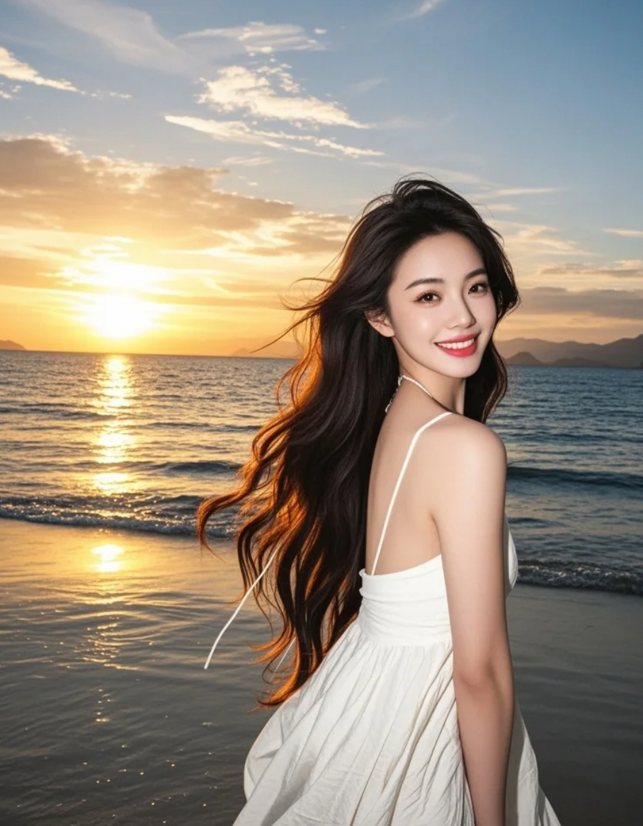 她走向海，裙摆划开暮色，如同划开梦境