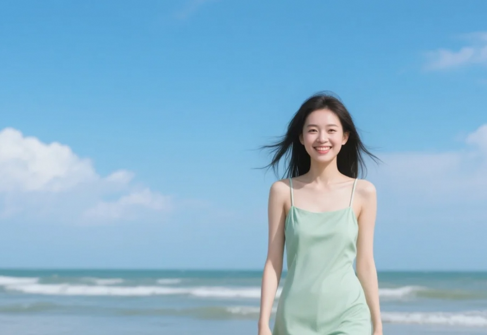 在这片宁静的海滩上，我的连衣裙成了最温暖的一抹色彩。