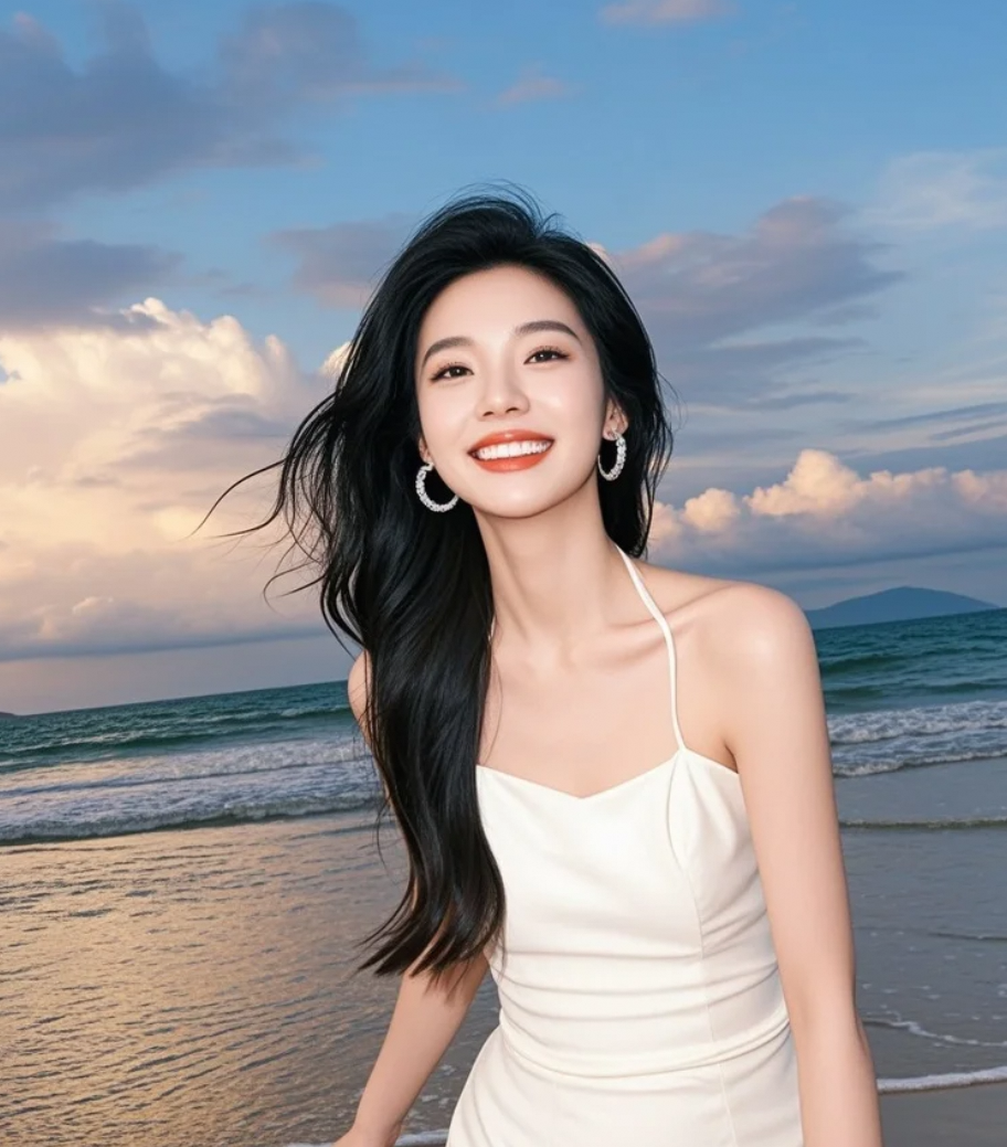 斜阳拉长身影，白裙在金色沙粒上写诗