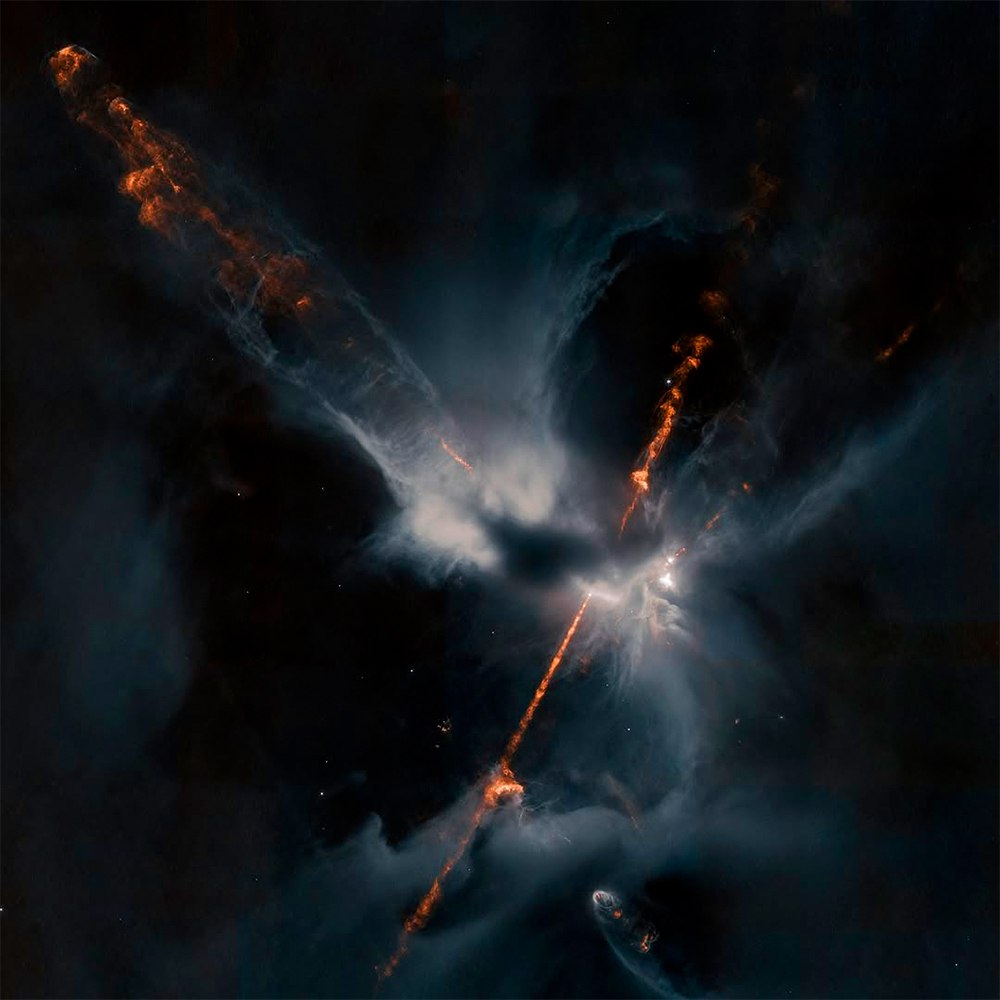 这不是艺术图，而是科学家拍摄的Herbig-Haro 24 。

它属于赫比格-
