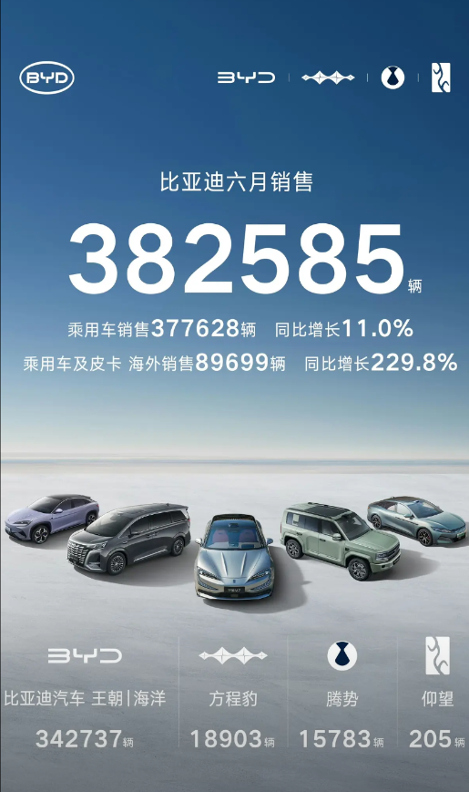 比亚迪果然“尽显颓势”了！6月销量出炉，全系总销量382585辆，乘用车3776