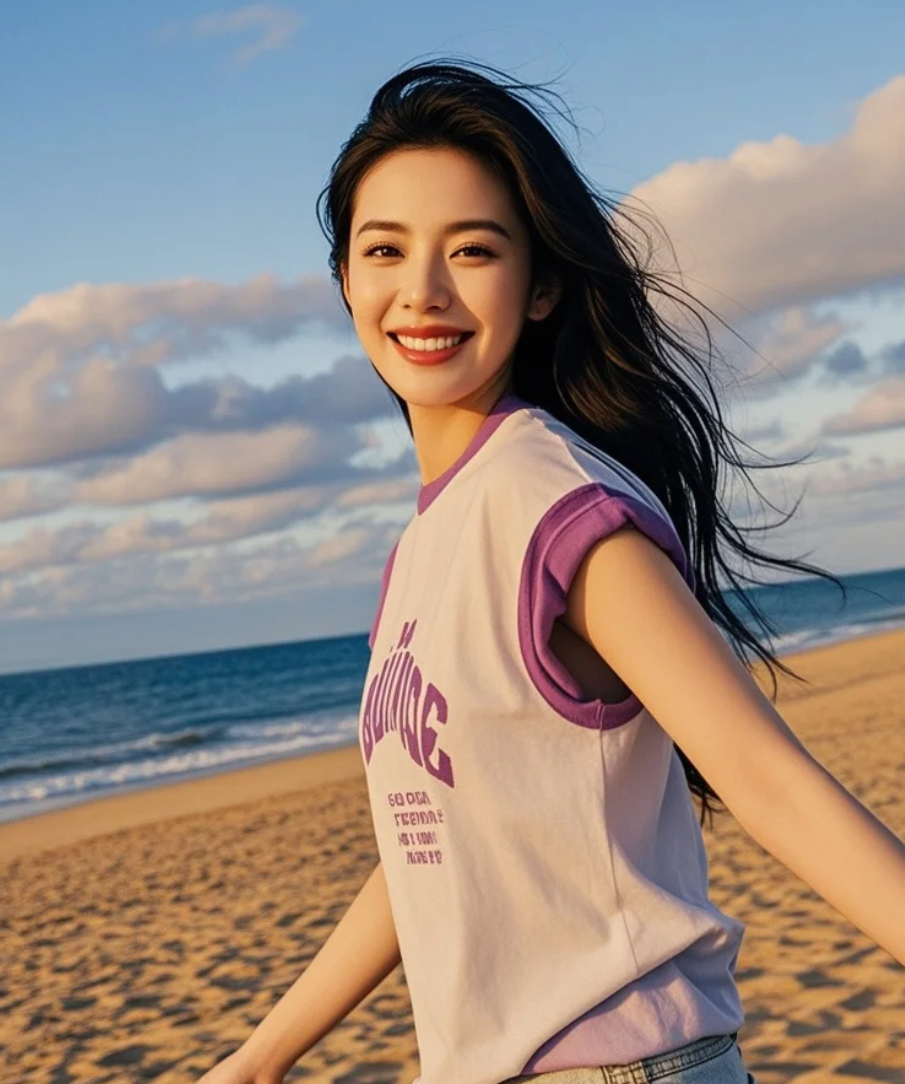 嘴角上扬，连浪花都跟着欢快