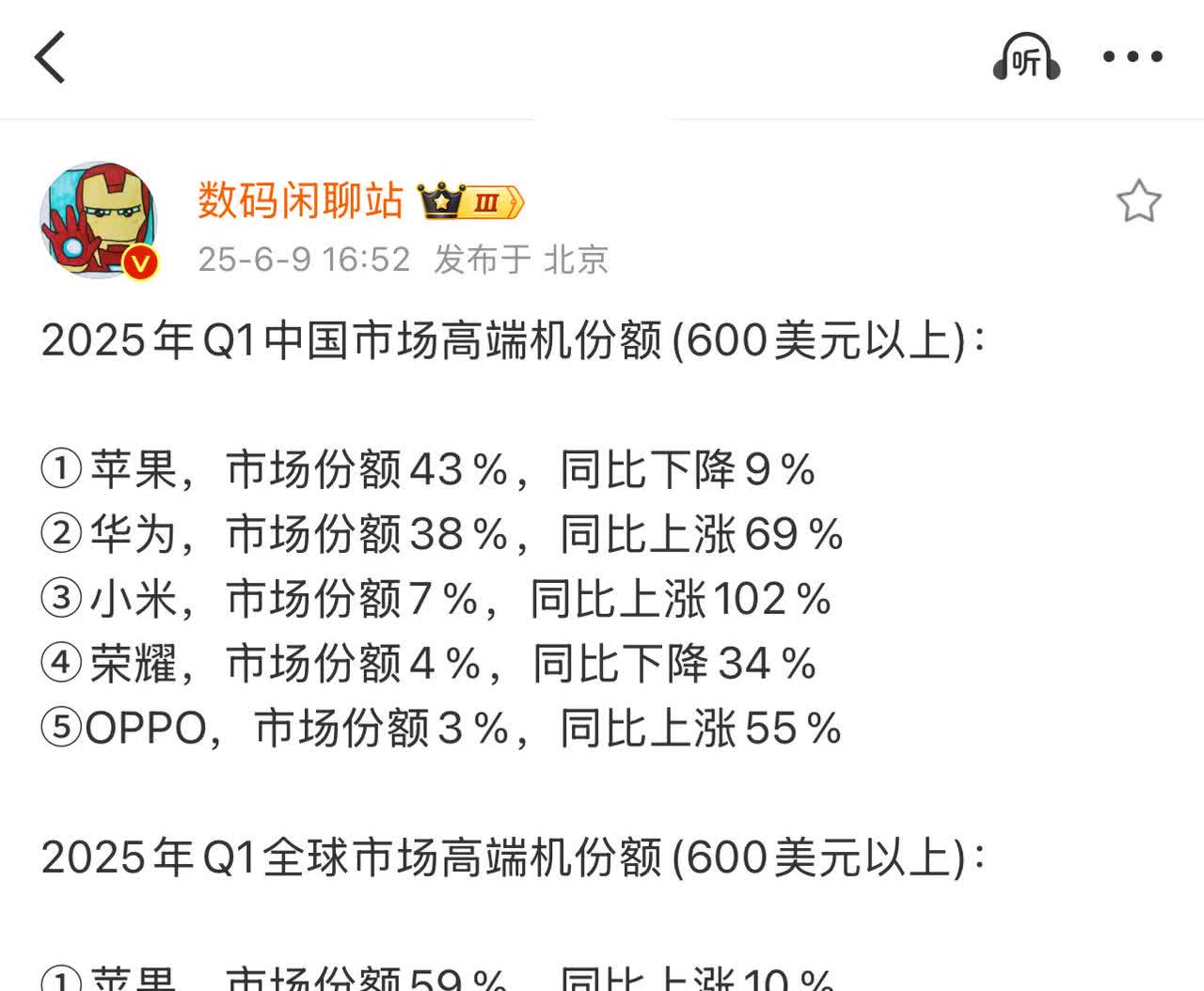 高端可不是用嘴说说而已
国内手机高端市场被苹果华为牢牢锁定，仅华为苹果两家占比