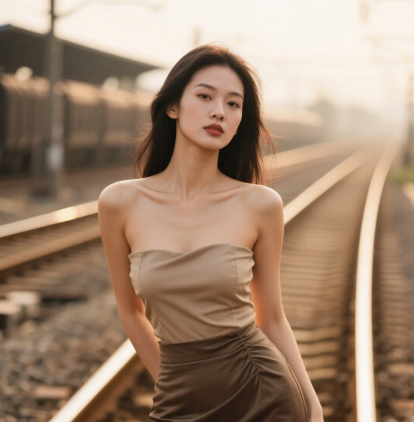 铁轨蜿蜒成诗行，小姐姐像旧时光里走出的电影女主角