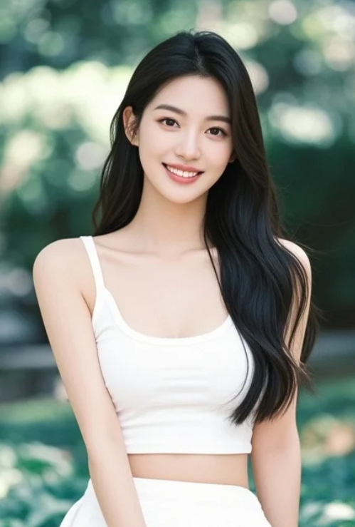 公园雾霭绕林间，女生拍照韵清绵