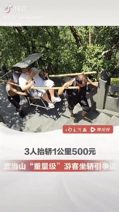 咸吃萝卜淡操心呐！一胖子游客来武当山旅游，爬了一会儿就累得气喘吁吁，于是花500