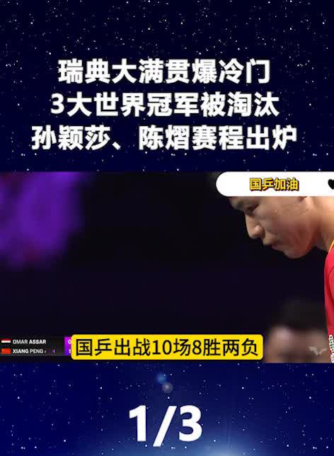 瑞典大满贯爆冷门，3大世界冠军被淘汰，孙颖莎、陈熠赛程出炉。
瑞典大满贯爆冷门