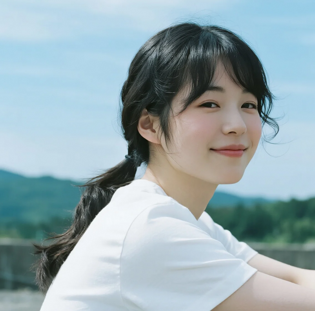 马尾轻扬在山间，温柔笑意映阳光