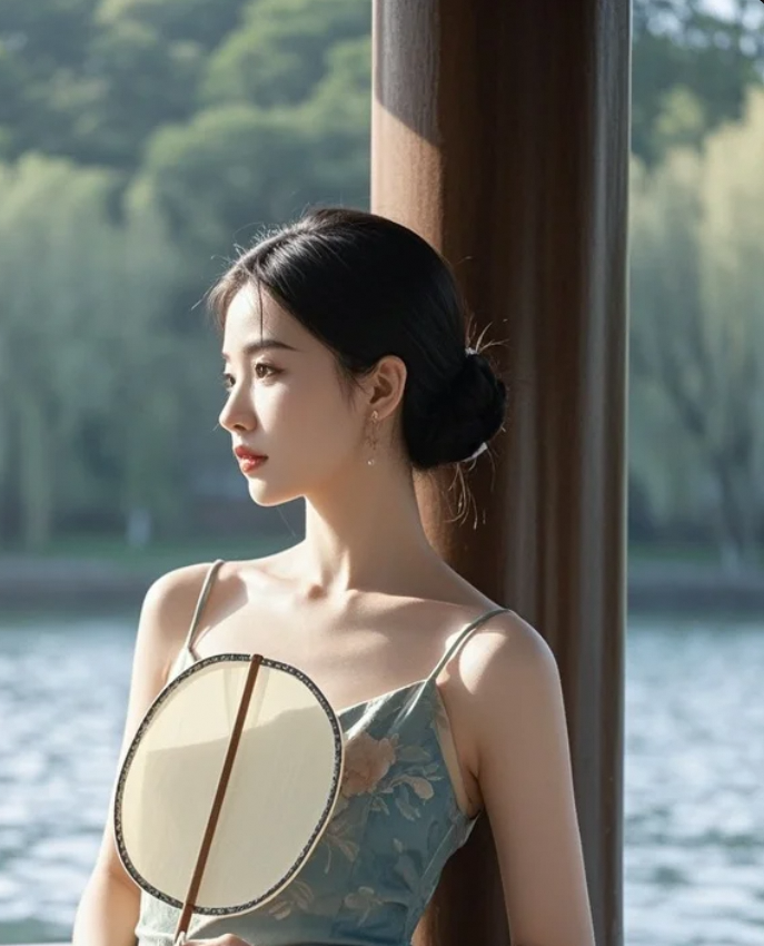 她的扇子一开，湖面就写满了心动