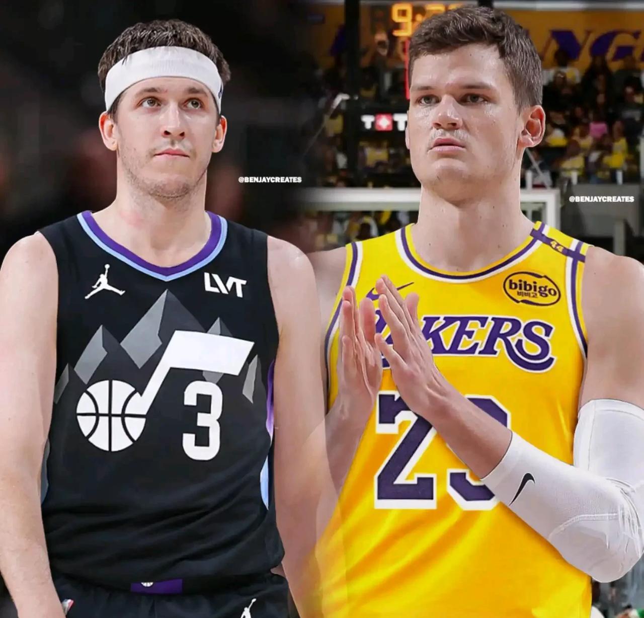 美媒LakeShowYo晒湖人里夫斯和爵士凯斯勒互换球衣合成照并发问：“你们谁反