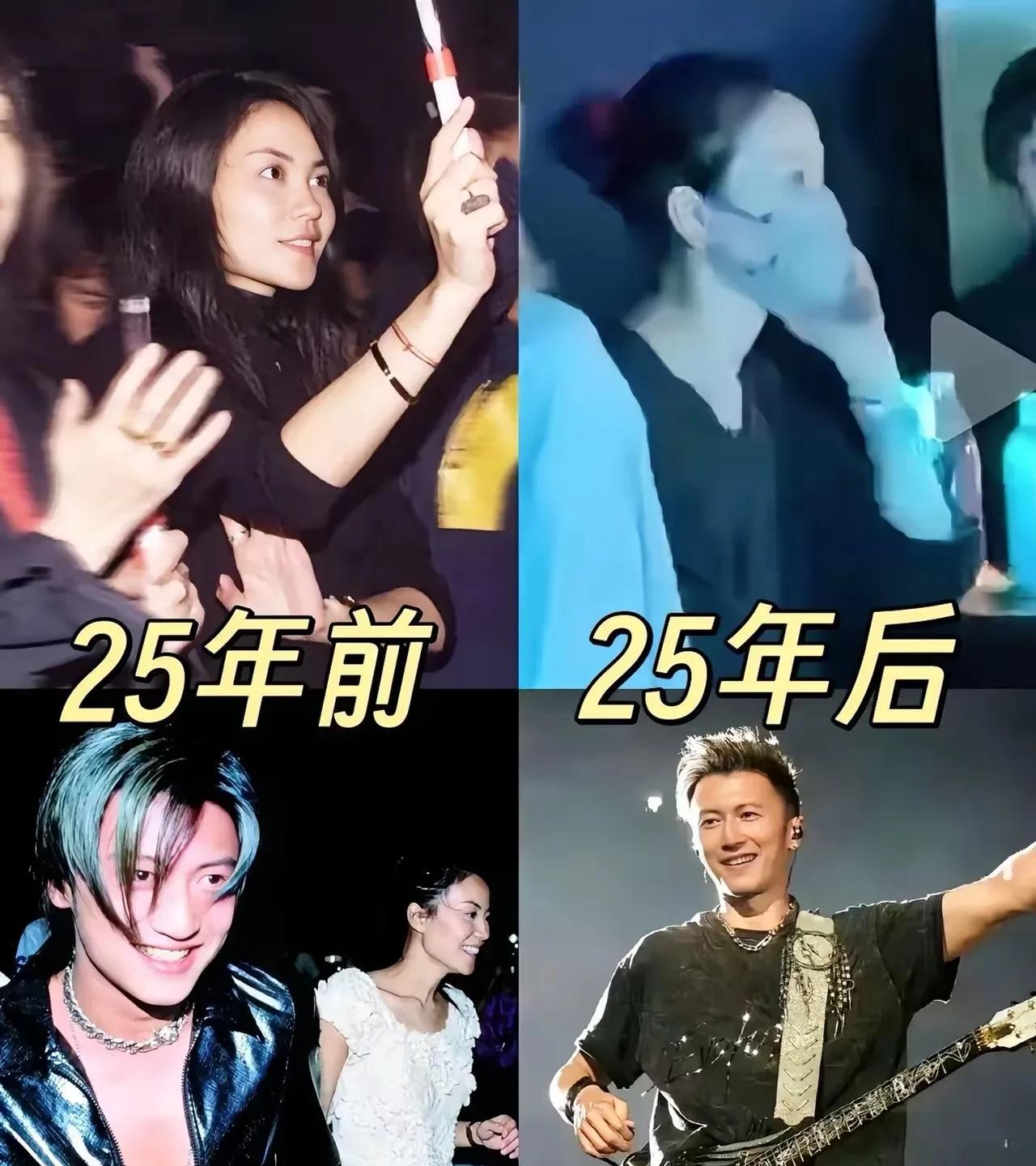 王菲在谢霆锋演唱会上蹦迪，那轻舞飞扬的样子像个小女孩，谢霆锋也是细节满满，在天花