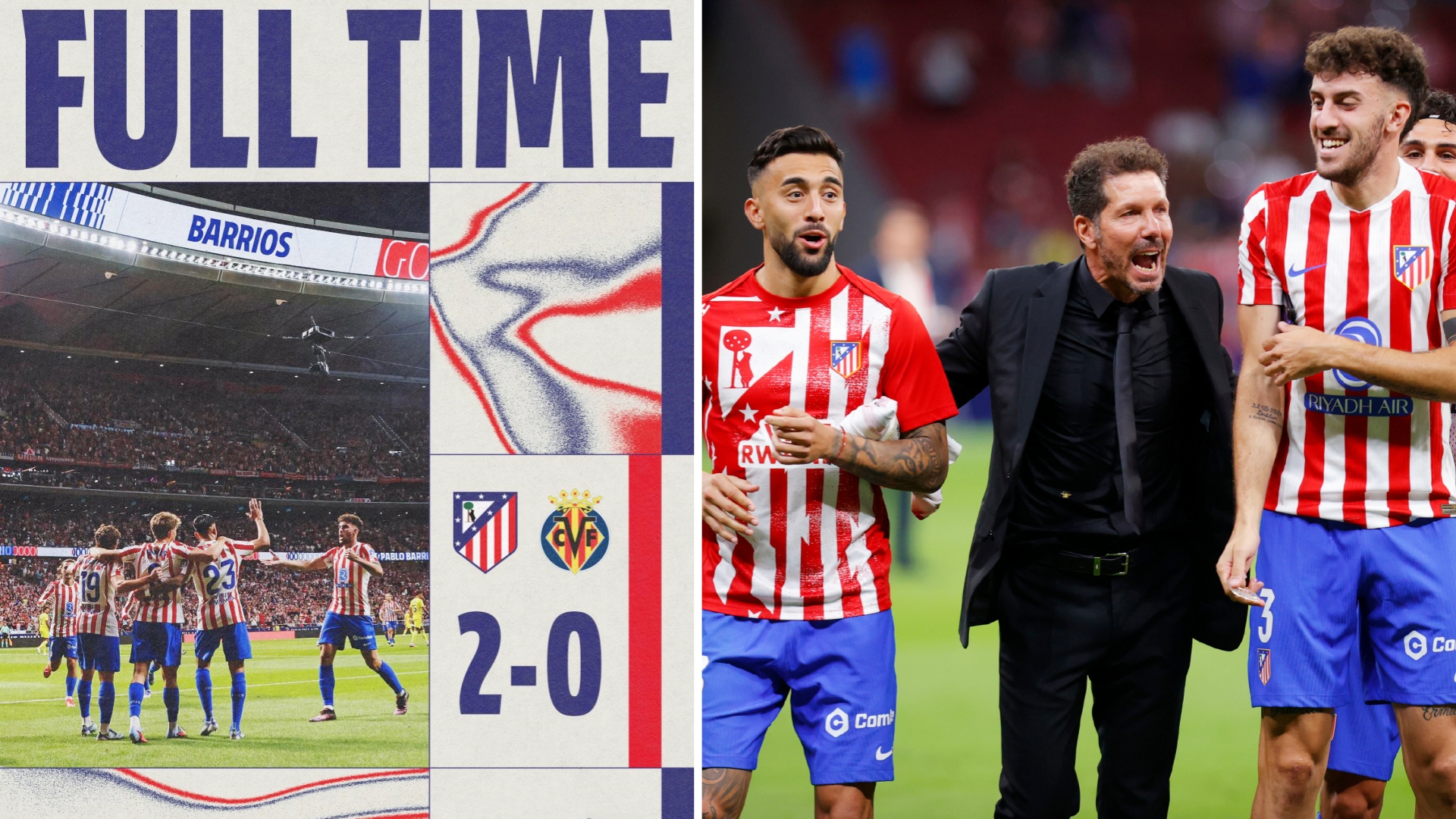 西甲：马德里竞技主场2-0击败比利亚雷亚尔，取得联赛首胜。
阿尔瓦雷斯助攻巴里奥