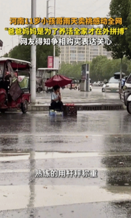 懂事的让人心疼”！河南漯河，10岁男孩在下雨天陪着爷爷在街边卖桃子，因为父母常年