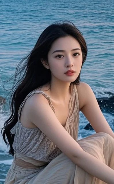 海风吹过她的长发，也吹走了我心里的烦恼。