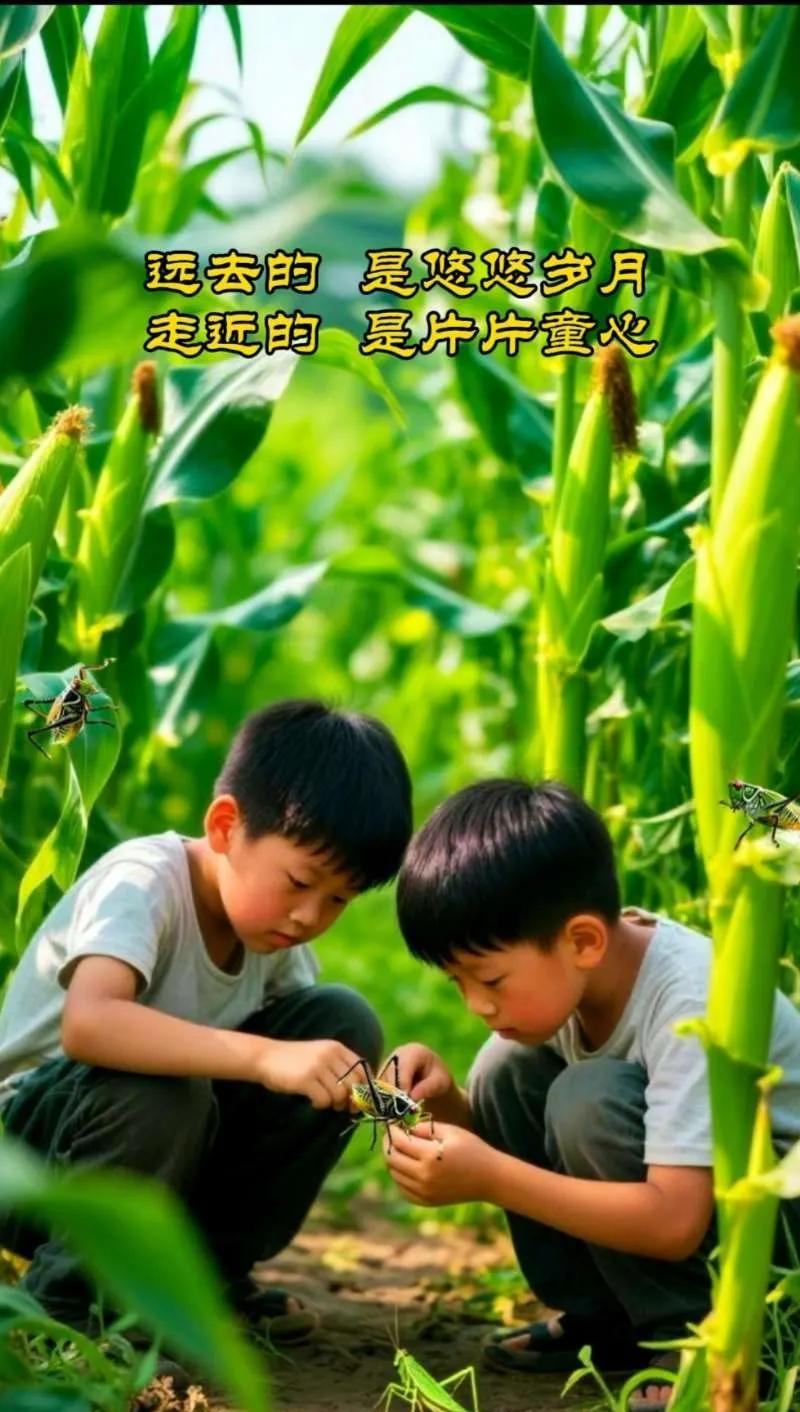 《田园童趣》
玉米田中岁月悠，童真未改意难收。
虫儿作伴时光好，一片初心伴夏留。