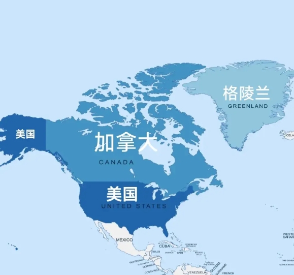 特朗普眼中的美国完美的版图，加上加拿大和格陵兰后，美国面积将超过俄罗斯，成为世界