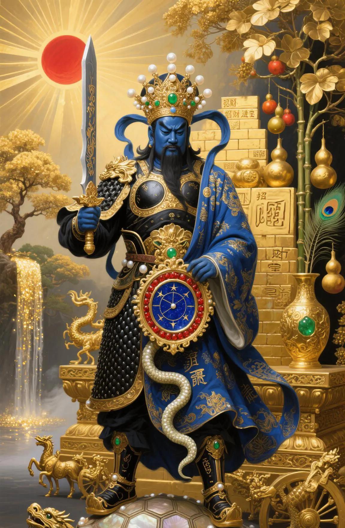 真武大帝镇八方，七星宝冠闪豪光。玄天宝剑驱邪妄，家宅平安岁月长。
大帝身披锁子甲