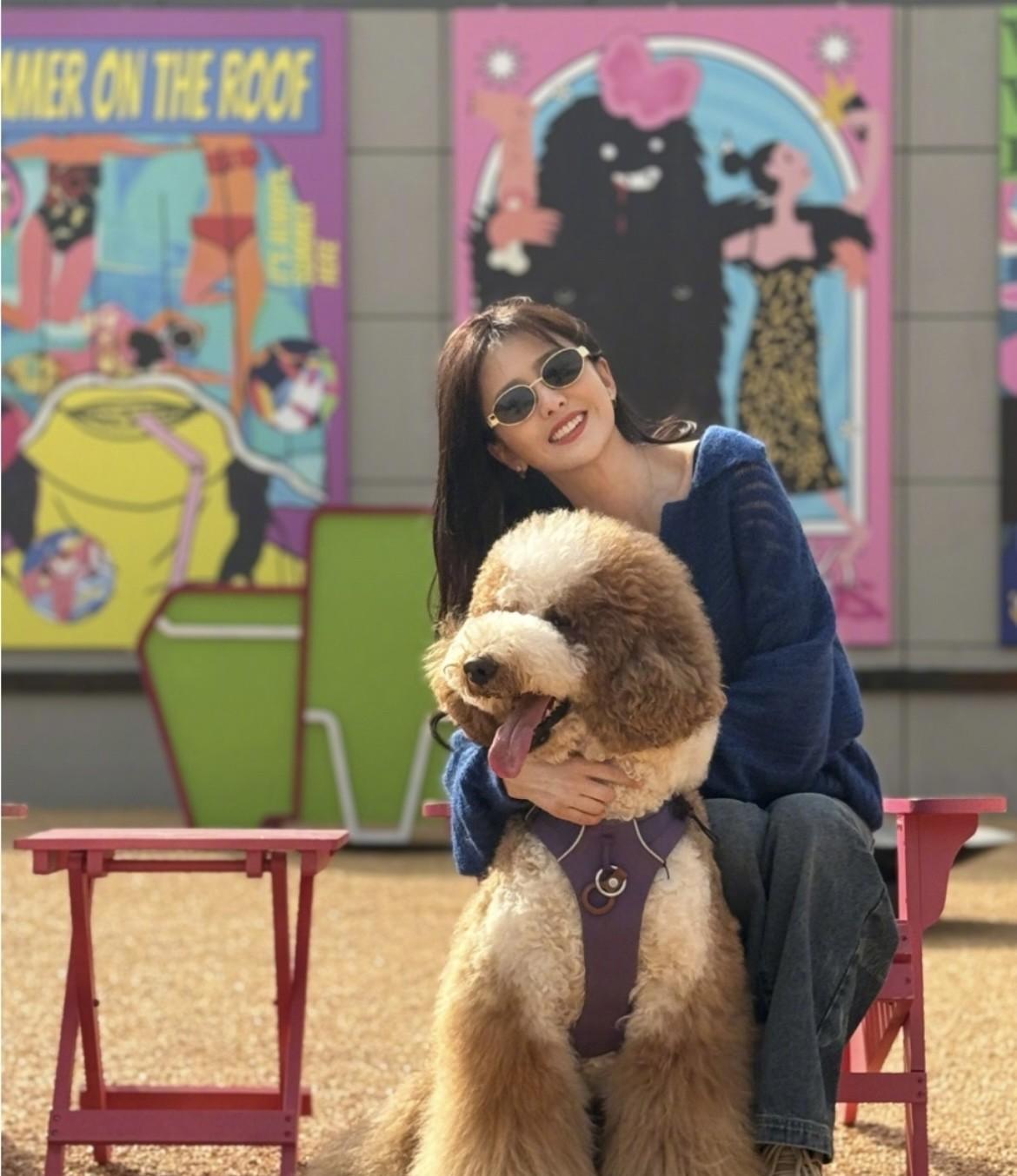 佟丽娅，164cm，春日暖阳下，人狗共欢笑。