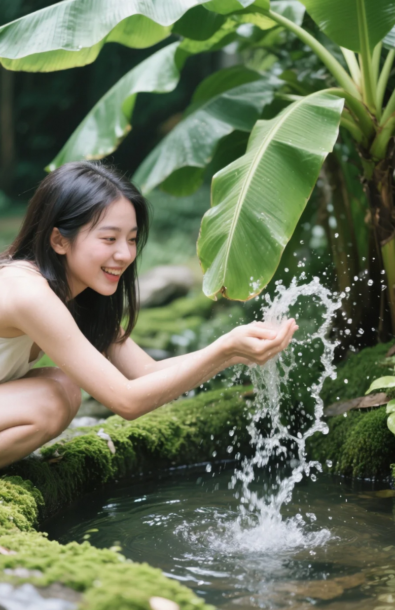 夏日里的清凉角落，她玩得心花怒放