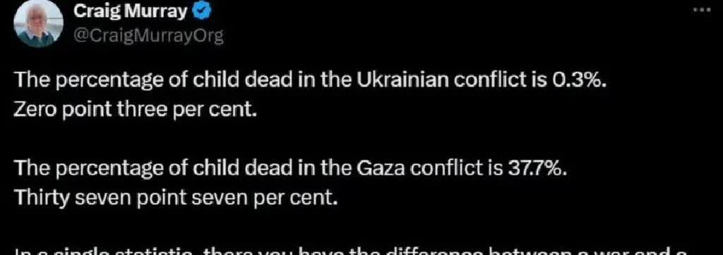 英国前驻乌兹别克斯坦大使克雷格·默里发文称：“在乌克兰冲突中，儿童死亡比例为0.