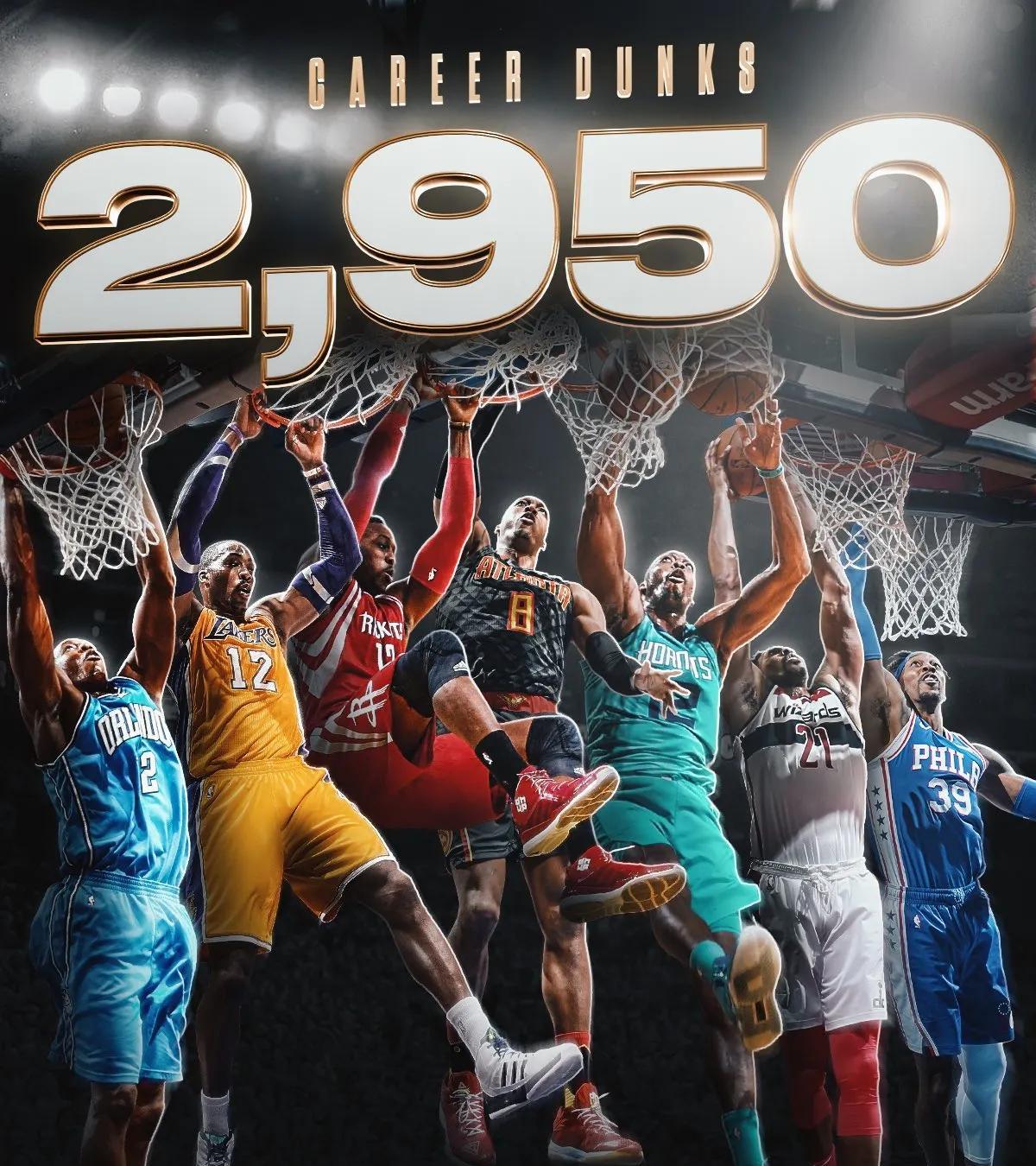 自打NBA进入实时数据时代以来，还没有哪个球员的暴扣数能超越霍华德！
逆天的身体