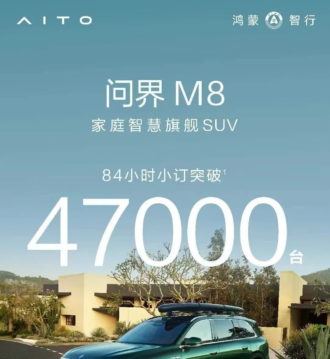 问界M8和25款问界M9，小定开启不到4天，M8破4.7万台，M9破2.3万台。