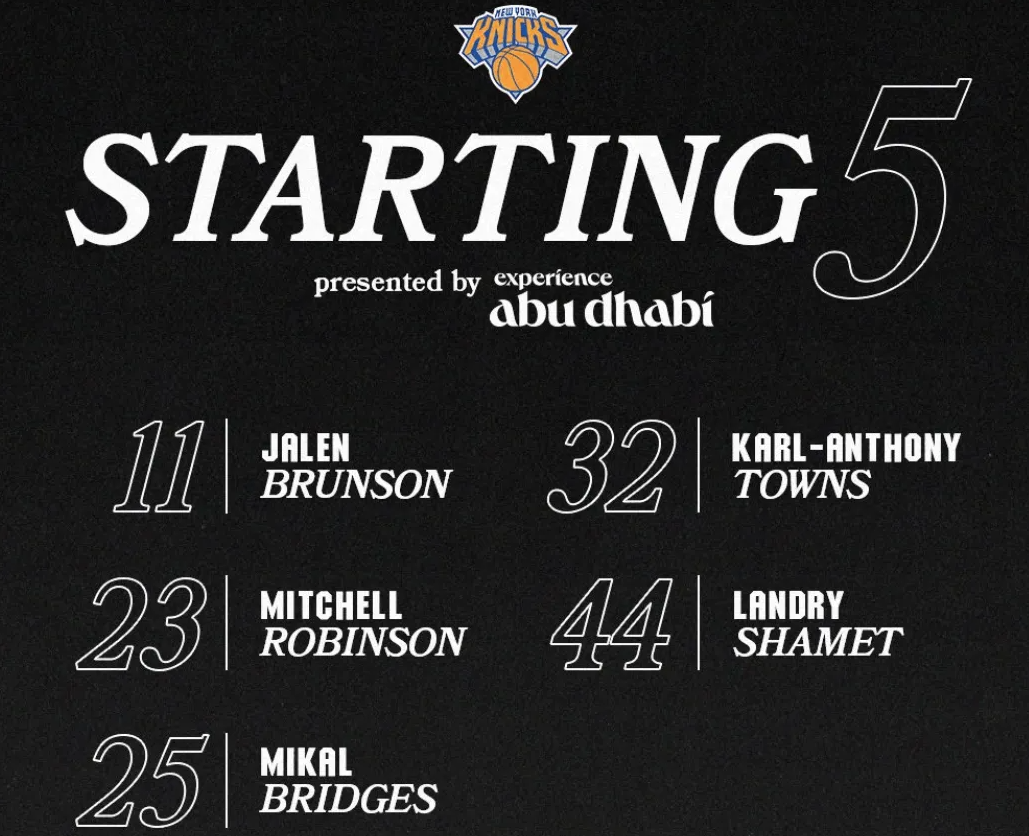 NBA常规赛，尼克斯今日客场挑战独行侠。
赛前，尼克斯官方公布本场球队首发阵容：