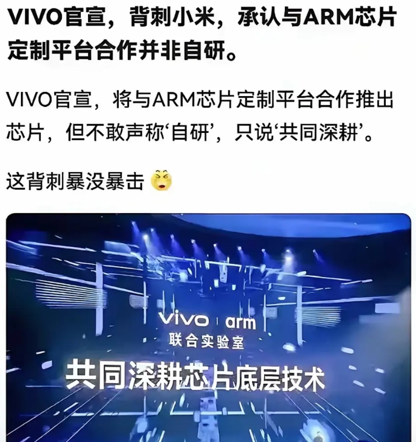 vivo官宣与ARM定制芯片
嗯，现在懂了，按照“米田共”以往的操行，他家的芯片